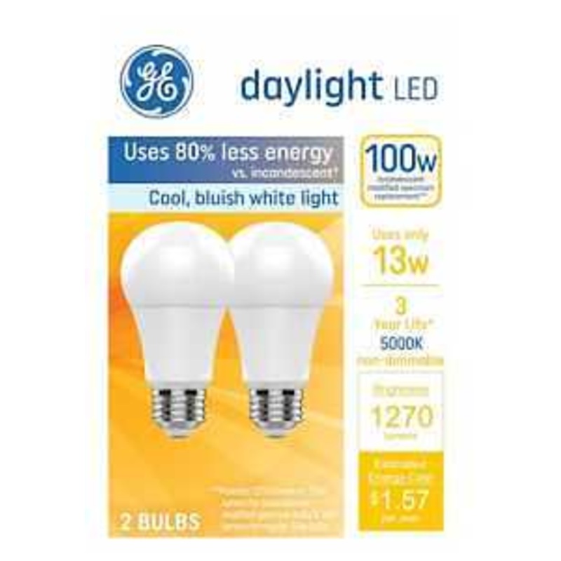 GE Basic Series 93131946 Light Bulb, General-Purpose, A19 Lamp, 100 W Equivalent, Medium Lamp Base, Frosted, Daylight