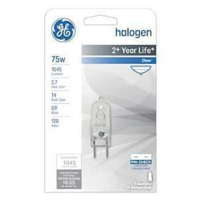 GE Edison Series 16759 Halogen Bulb, 75 W, G9 Lamp Base, T4 Lamp, White Light, 1045 Lumens, 2850 K Color Temp