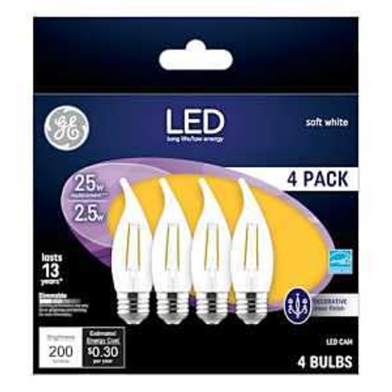 GE Industrial Solutions 10193 LED Bulb, Decorative, CA Lamp, 25 W Equivalent, E17 Lamp Base, Dimmable, Clear