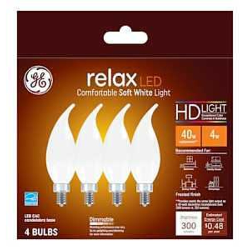 GE Industrial Solutions 36985 LED Bulb, Decorative, 300 Lumens, 4 W, CAC Lamp, E12 Lamp Base, Dimmable, Clear