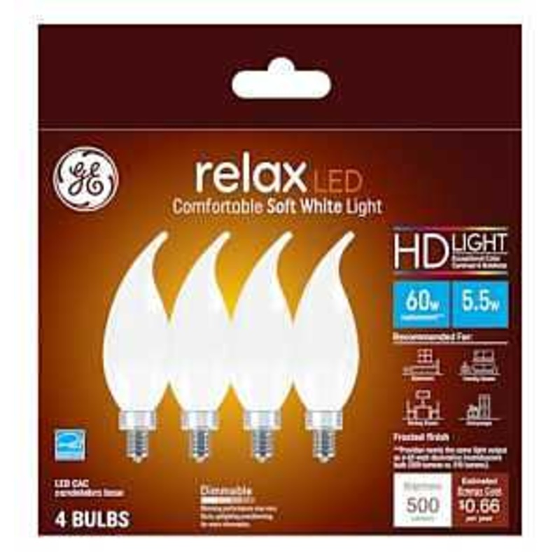 GE Industrial Solutions 36986 LED Bulb, Decorative, 500 Lumens, 5.5 W, CAC Lamp, E12 Lamp Base, Dimmable, Frosted