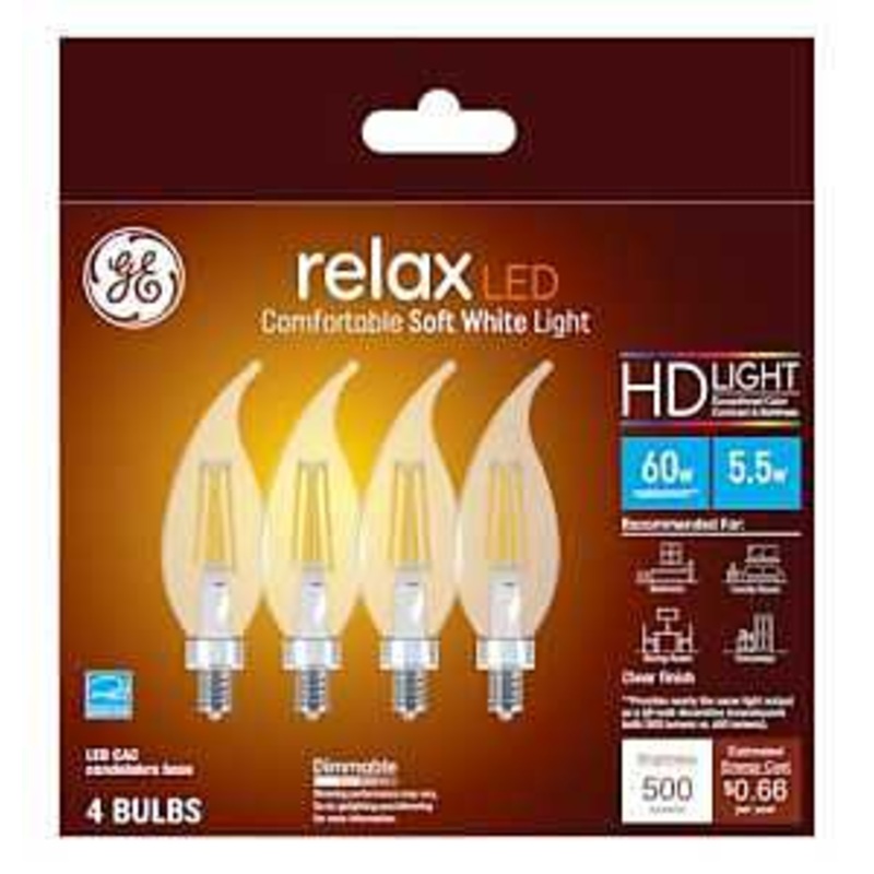 GE Industrial Solutions 43227 LED Bulb, 120 V, 500 Lumens, 5.5 W, CAC Lamp, E12 Lamp Base, Dimmable, Clear