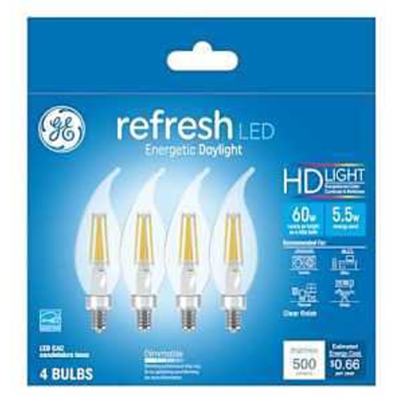 GE Industrial Solutions 43245 LED Bulb, Decorative, 500 Lumens, 5.5 W, CAC Lamp, E12 Lamp Base, Dimmable, Clear