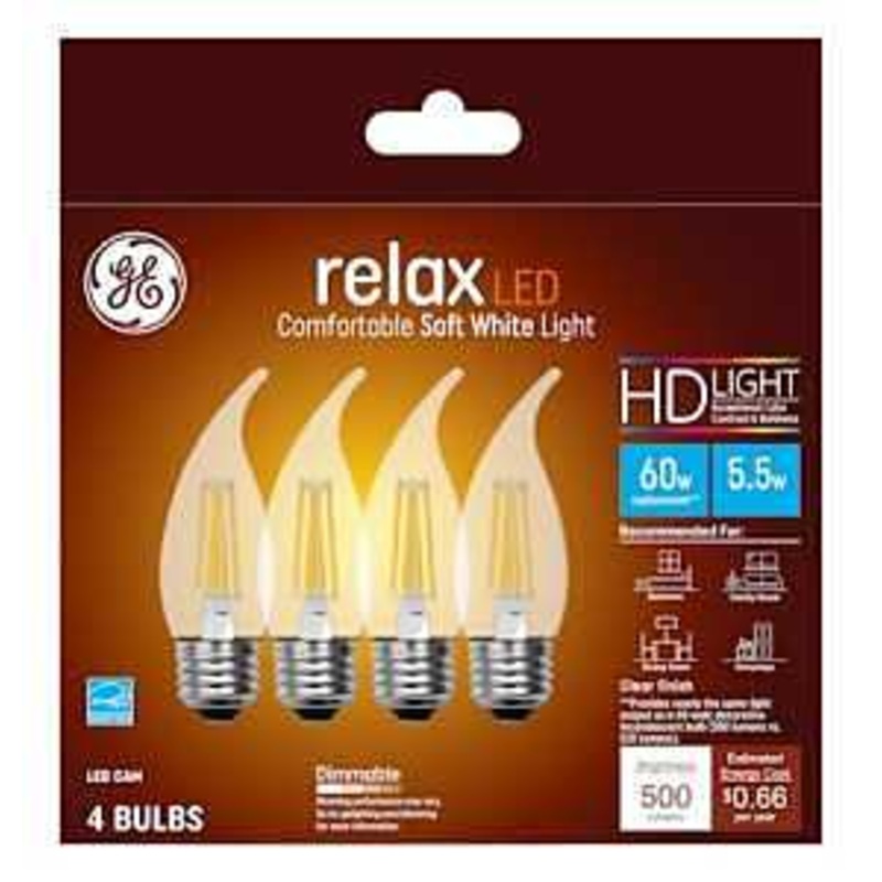 GE Industrial Solutions 43255 LED Bulb, Decorative, 500 Lumens, 5.5 W, CAM Lamp, E26 Lamp Base, Dimmable, Clear