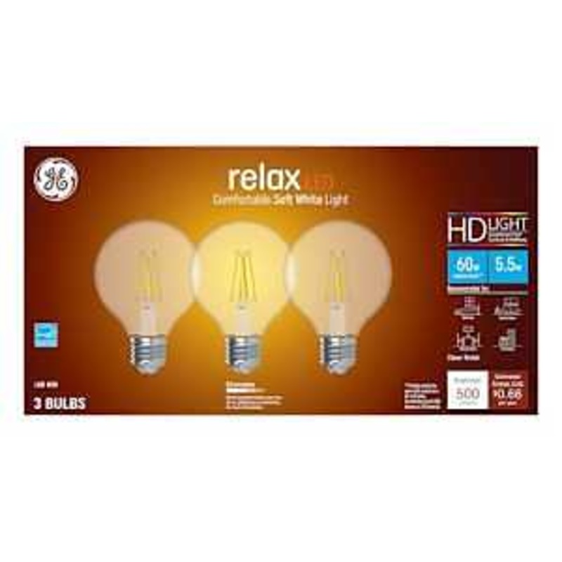 GE Industrial Solutions 43306 LED Bulb, Globe, 500 Lumens, 5.5 W, G25 Lamp, E26 Lamp Base, Dimmable, Clear, Soft White