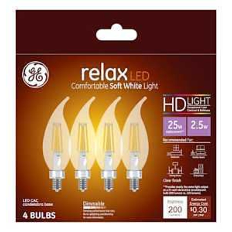 GE Industrial Solutions 45555 LED Bulb, Decorative, 200 Lumens, 2.5 W, CAC Lamp, E12 Lamp Base, Dimmable, Soft White