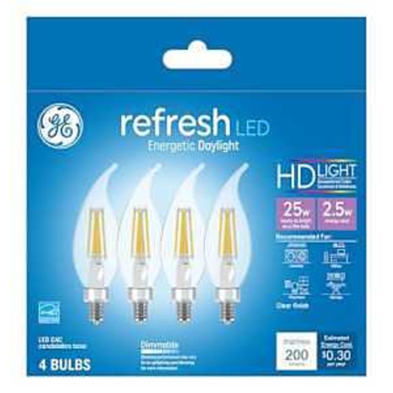 GE Industrial Solutions 45567 LED Bulb, Decorative, 200 Lumens, 2.5 W, CAC Lamp, E12 Lamp Base, Dimmable, Clear