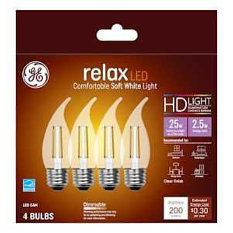 GE Industrial Solutions 45576 LED Bulb, Decorative, 200 Lumens, 2.5 W, CAM Lamp, E26 Lamp Base, Dimmable, Clear