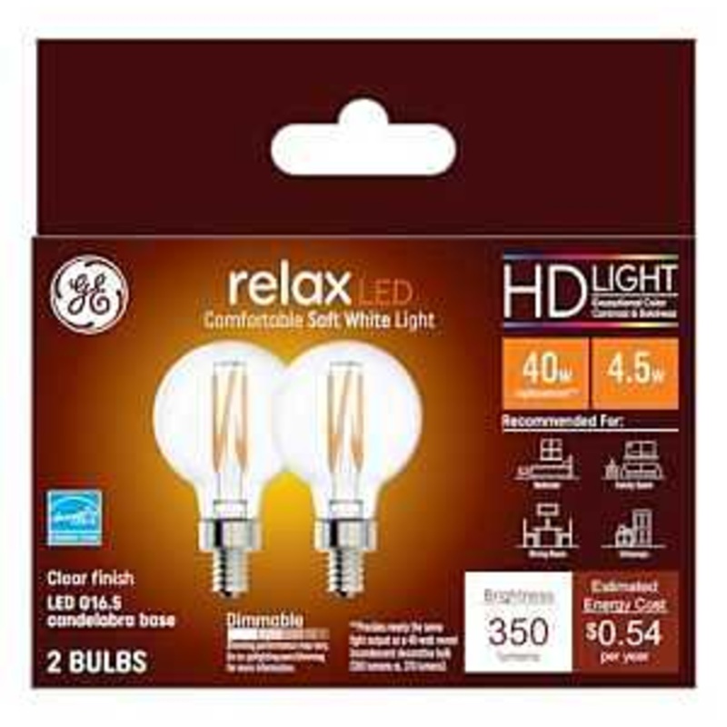 GE Industrial Solutions 45695 LED Bulb, Globe, 350 Lumens, 4.5 W, G16.5 Lamp, E12 Lamp Base, Dimmable, Soft White