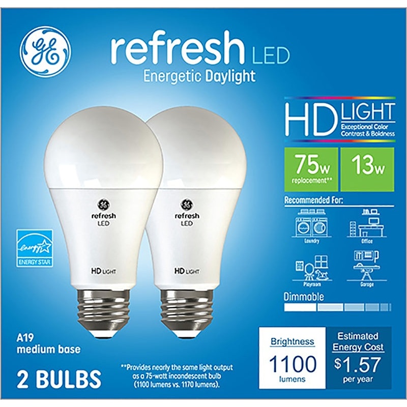 GE Refresh 93127636 Light Bulb, General-Purpose, High-Definition, A19 Lamp, 75 W Equivalent, Medium (E26) Lamp Base