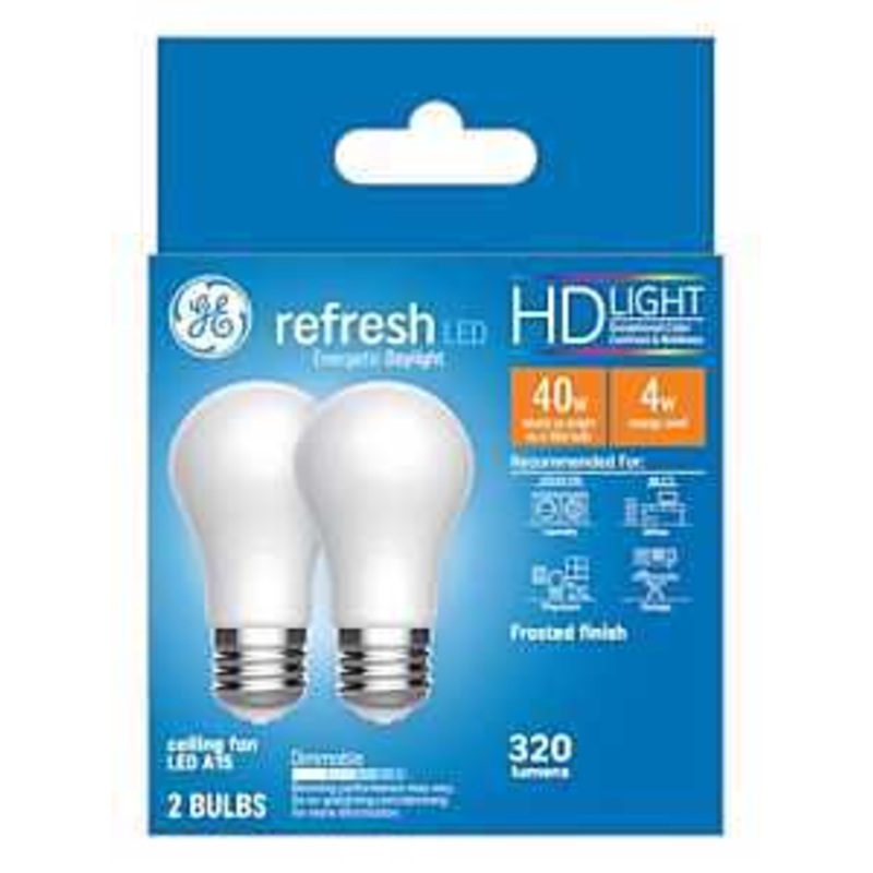 GE Refresh Series 31375 Replacement LED Light Bulb, A15 Lamp, 40 W Equivalent, E26 Medium Lamp Base, Dimmable, White