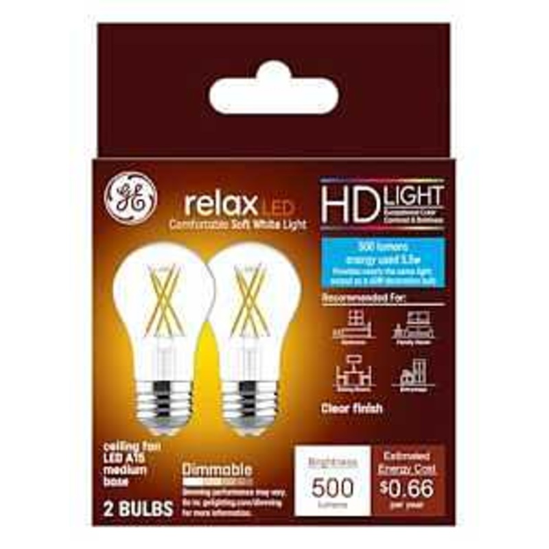 GE Relax Series 46662 Ceiling Fan Light Bulb, High-Definition, A15 Lamp, 60 W Equivalent, Medium Lamp Base, Yes, Clear