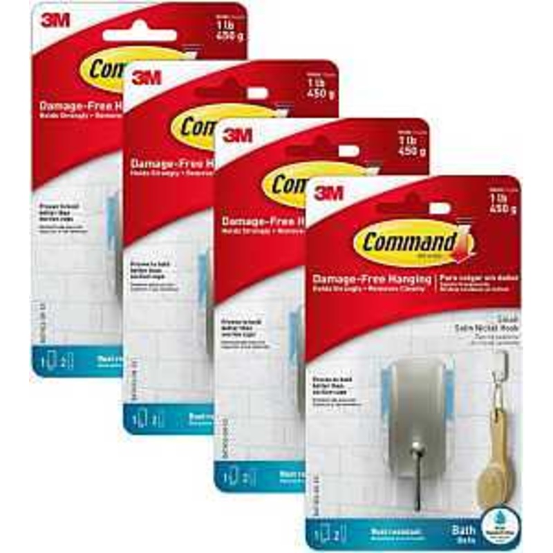 Command BATH33-SN-ES Small Bath Hook, 1 lb, 1-Hook, Metal/Plastic, Gray, Satin Nickel
