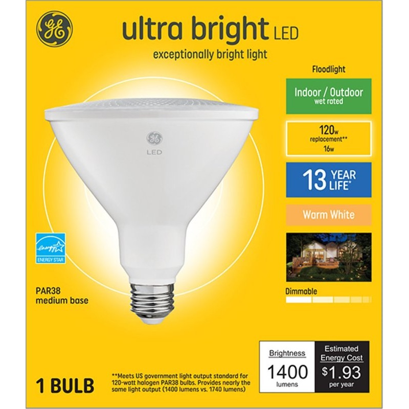 GE 37644 LED Bulb, Flood/Spotlight, PAR38 Lamp, 120 W Equivalent, E26 Lamp Base, Dimmable, Warm White Light