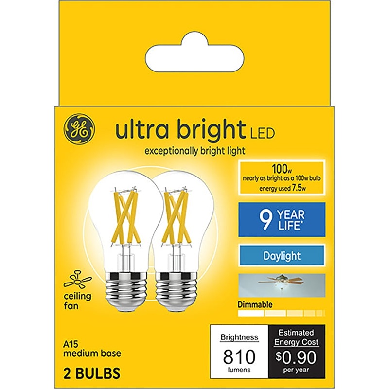 GE Ultra Bright 93121710 Light Bulb, A15 Lamp, 100 W Equivalent, Medium (E26) Lamp Base, Dimmable, Clear, Daylight