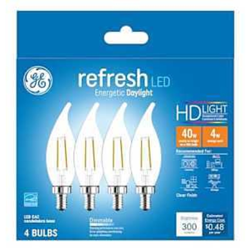 GE Industrial Solutions 45653 LED Bulb, Decorative, CAC Lamp, E12 Lamp Base, Dimmable, Daylight Light, 5000 K Color Temp