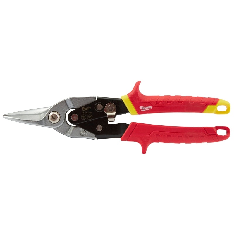 Milwaukee 48-22-4530 Aviation Snips, 10 in OAL, 5 in L Cut, Straight Cut, Steel Blade, Ergonomic Grip Handle, Red Handle