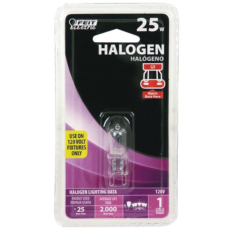 Feit Electric BPQ25/G9 Halogen Bulb, 1-3/4 in H Dimensions, 25 W, G9 Lamp Base, JCD T4 Lamp, 3000 K Color Temp