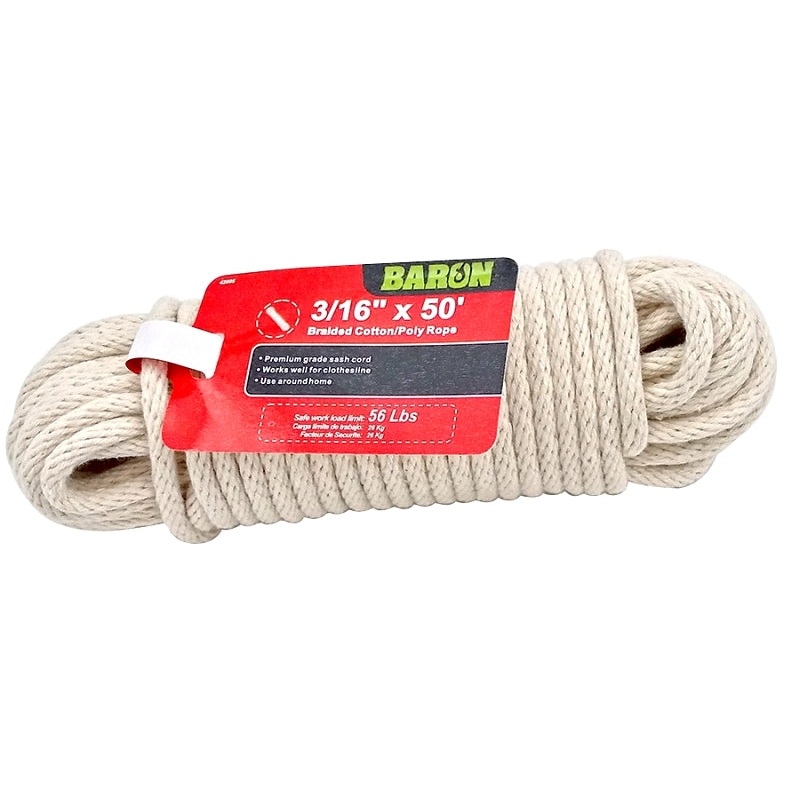 Baron 42605 Sash Cord, 3/16 in Dia, 50 ft L, 56 lb Working Load, Cotton/Poly, White