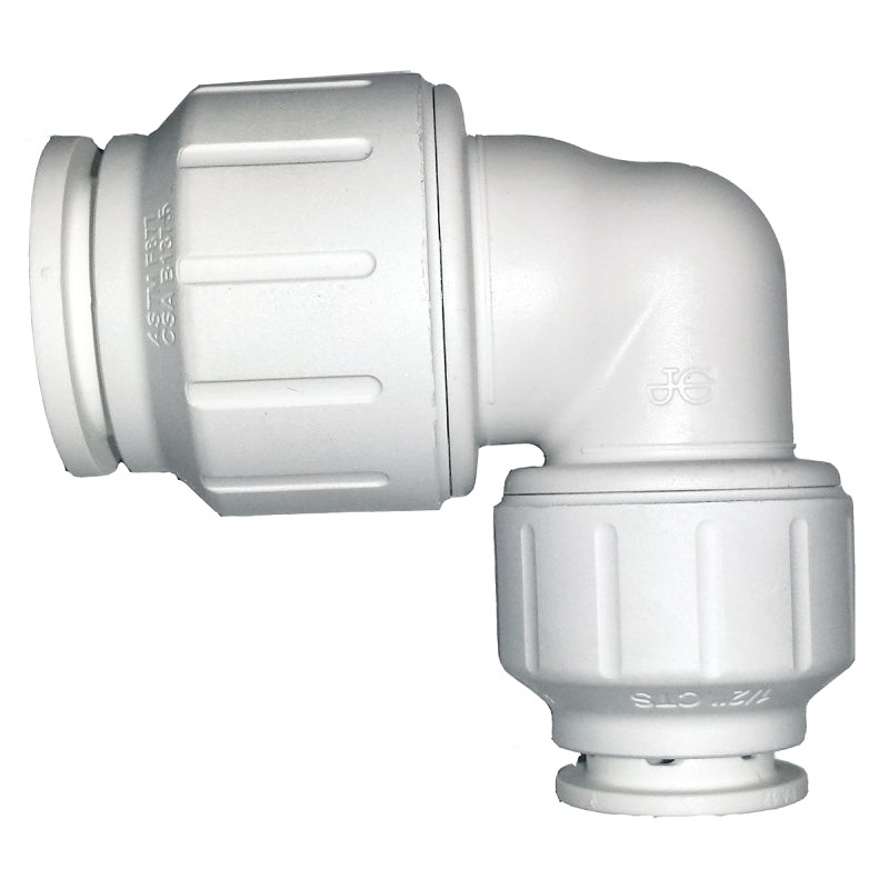 John Guest PEI212820P Reducing Pipe Elbow, 3/4 x 1/2 in, Plastic, White, 160 psi Pressure
