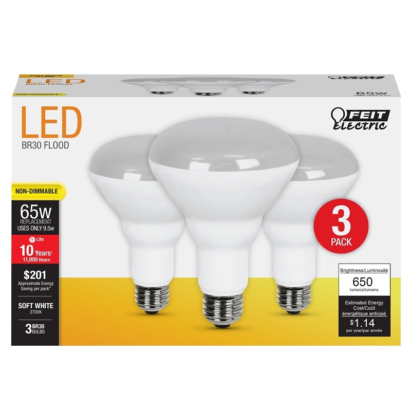 Feit Electric BR30/10KLED/3 LED Lamp, Flood/Spotlight, BR30 Lamp, 65 W Equivalent, E26 Lamp Base, Soft White Light