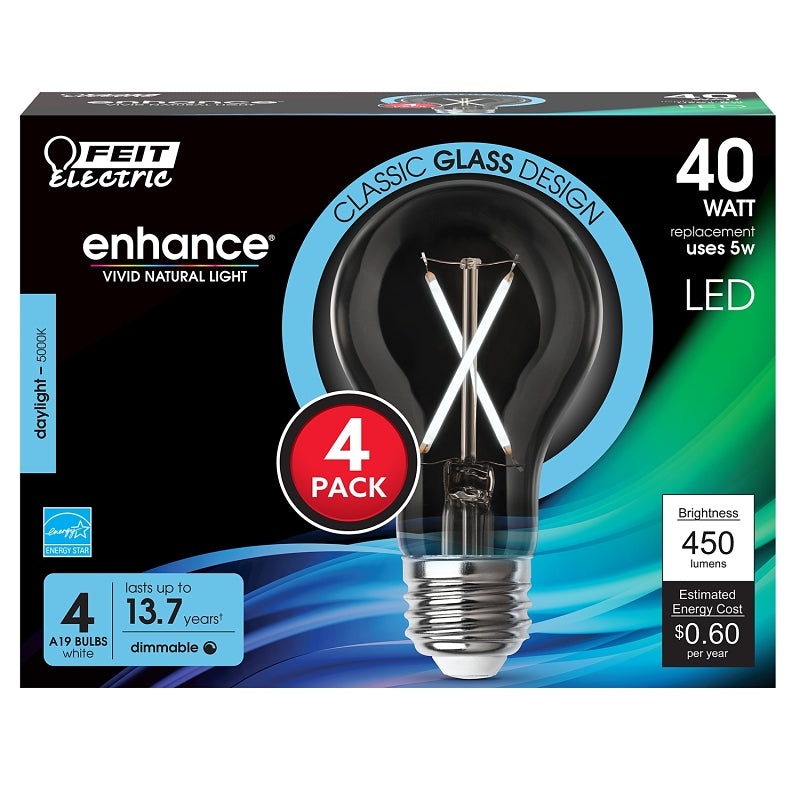 Feit Electric A1940CL950CA/FIL/4 Filament LED Bulb, Type A, A19 Lamp, 40 W Equivalent, E26 Lamp Base, Dimmable, Clear