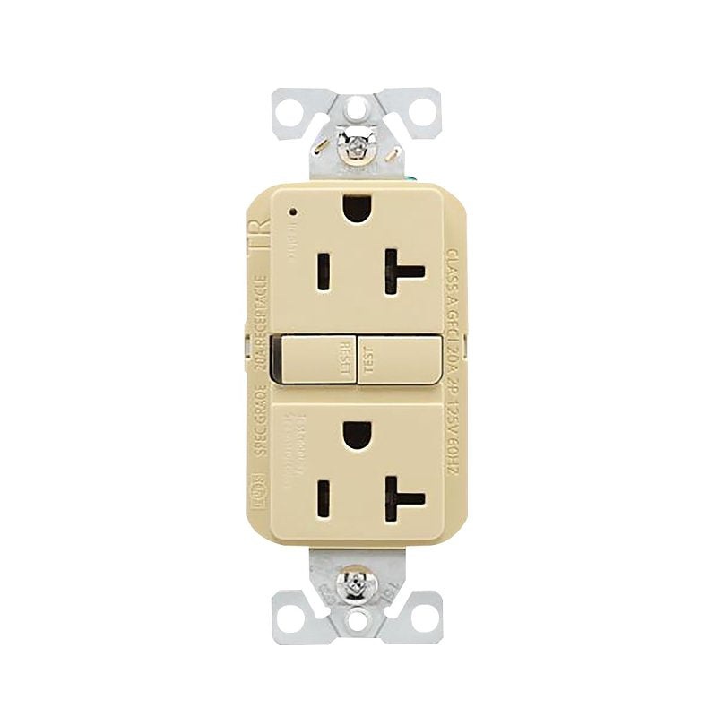 Eaton TRGF20V Tamper-Resistant GFCI Receptacle, 125 V, 20 A, NEMA: NEMA 5-20R, Back, Side Wiring, Ivory