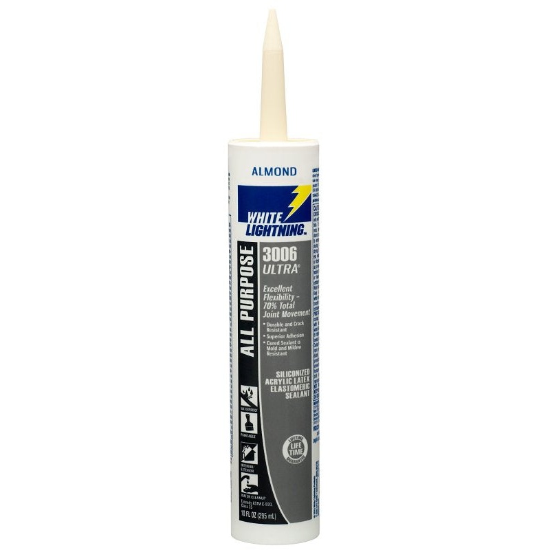 White Lightning W11002010 All Purpose Elastomeric Sealant, Almond, 5 to 7 days Curing, >40 deg F, 10 fl-oz, Cartridge