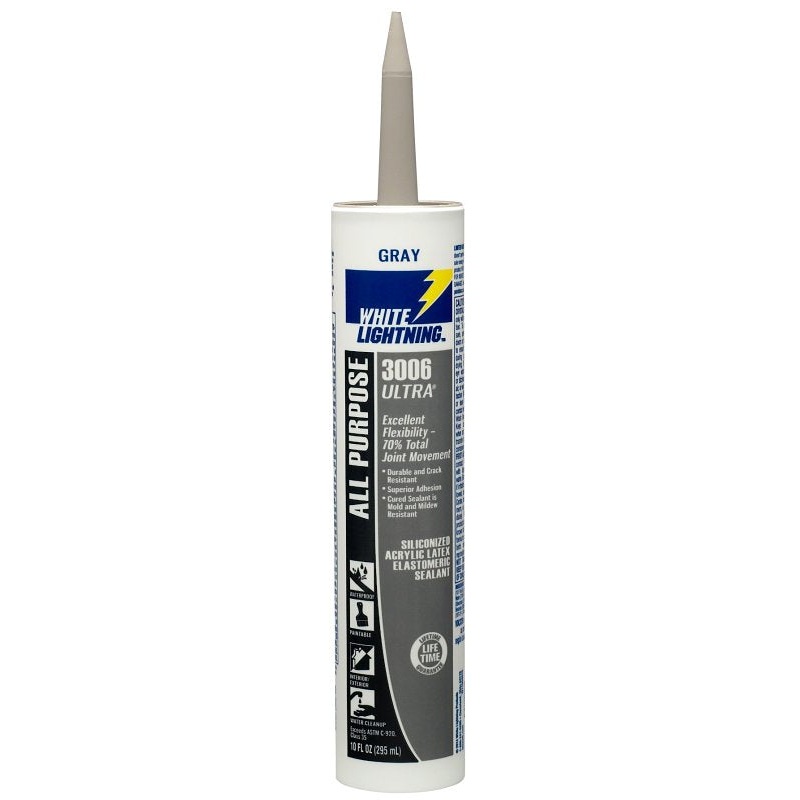 White Lightning W11004010 All Purpose Elastomeric Sealant, Gray, 5 to 7 days Curing, >40 deg F, 10 fl-oz, Cartridge