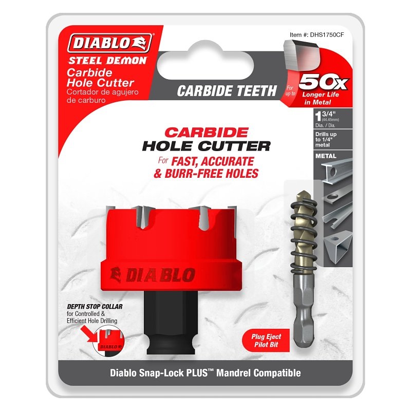 Diablo Steel Demon DHS1750CF Hole Cutter, 1-3/4 in Dia, Carbide Cutting Edge