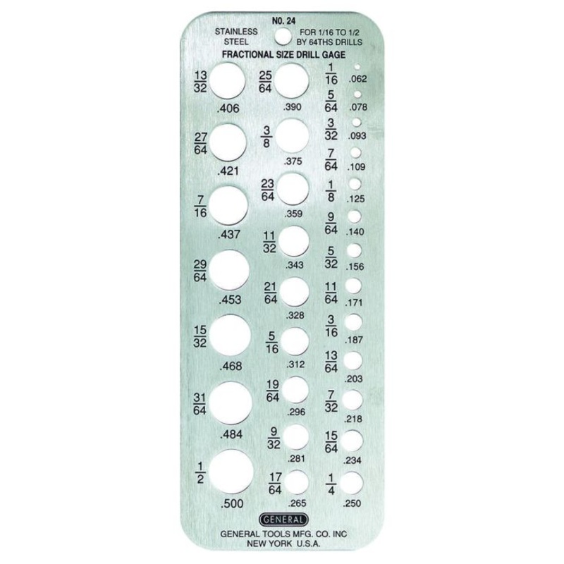 General Tools 24 Fractional Drill Gauge, Hobby Drill Gauge for 1/16 to 1/2 Size Bits, Stainless Steel