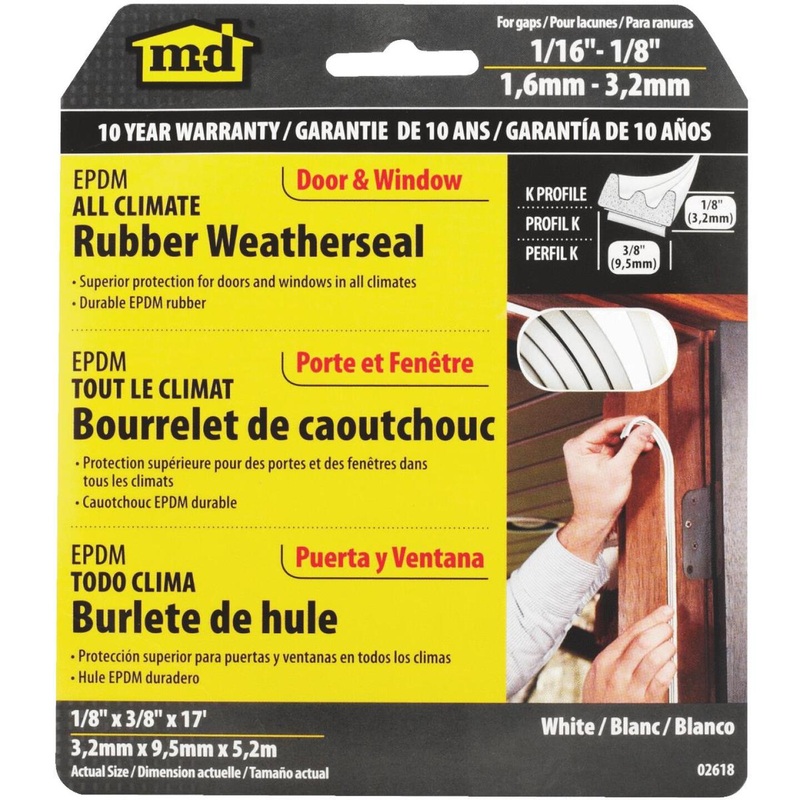 M-D Brown 17′ 3/8  Extreme Temp Small Gap Rubber Weatherstrip, White