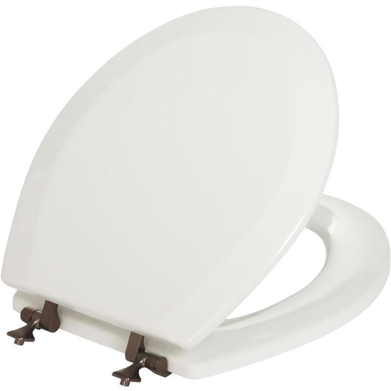 Mayfair Round STA-TITE White Wood Toilet Seat with Oil Rubbed Bronze Hinges
